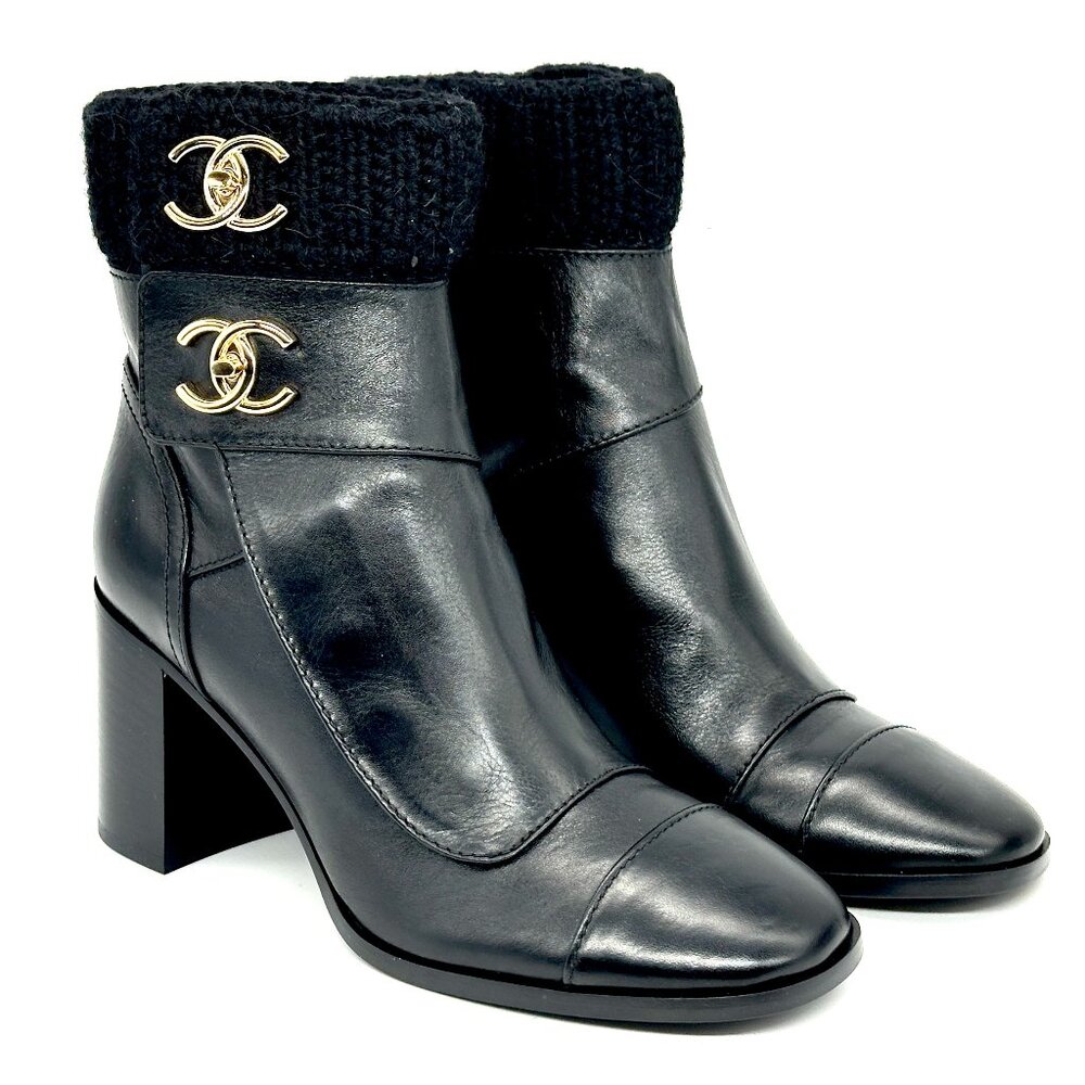 CHANEL 23K 2023 Turnlock CC Leather Knit Cuff Ankle Bootie Boots Heels - Picture 5 of 16